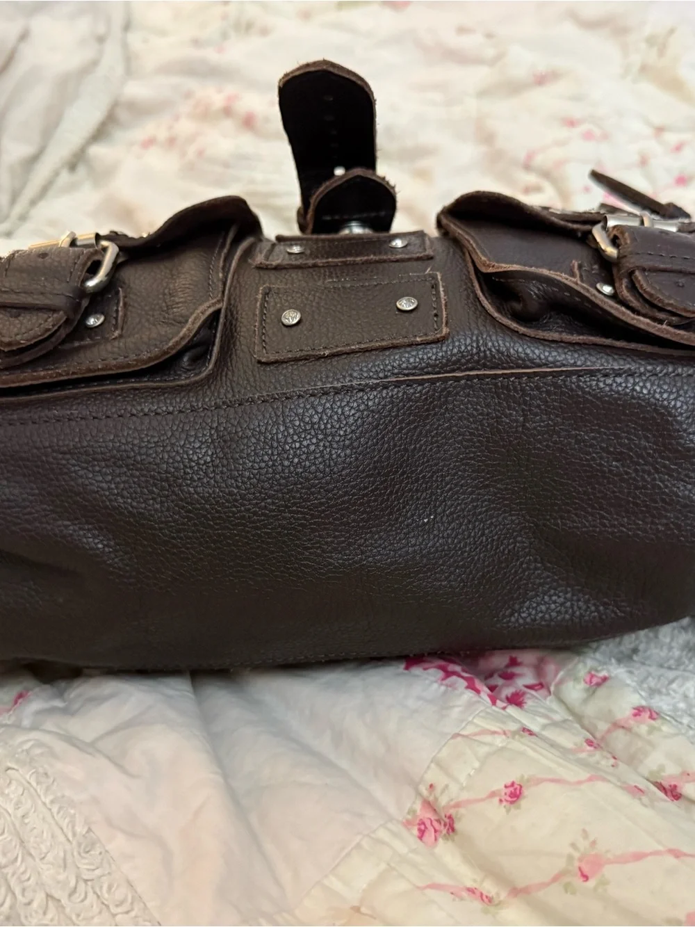 Hand Crafted Dark Brown Genuine Leather Biker Satchel Bag with Stud Heart Pocket